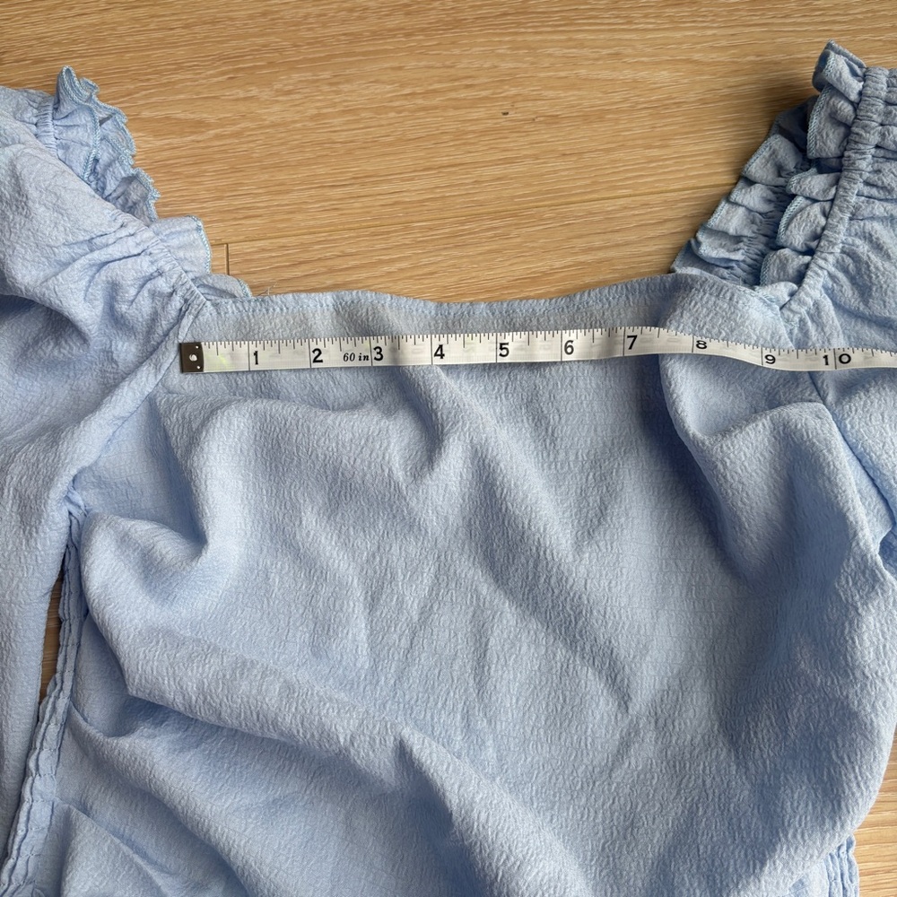2/$10 SHEIN Light Blue Puff Sleeve Smocked Top stretchy ruched top size S - Picture 5 of 7